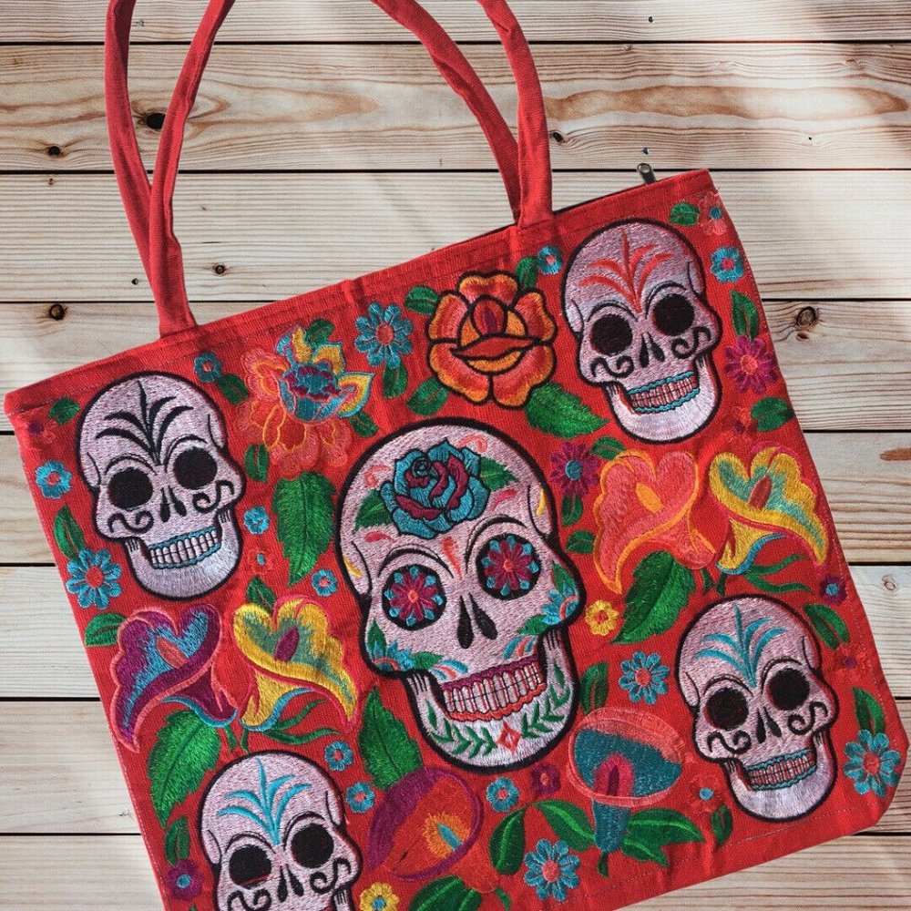 Handmade Mexican Sugar Skull Embroidered Tote Bag - Women's Purses & Handbags